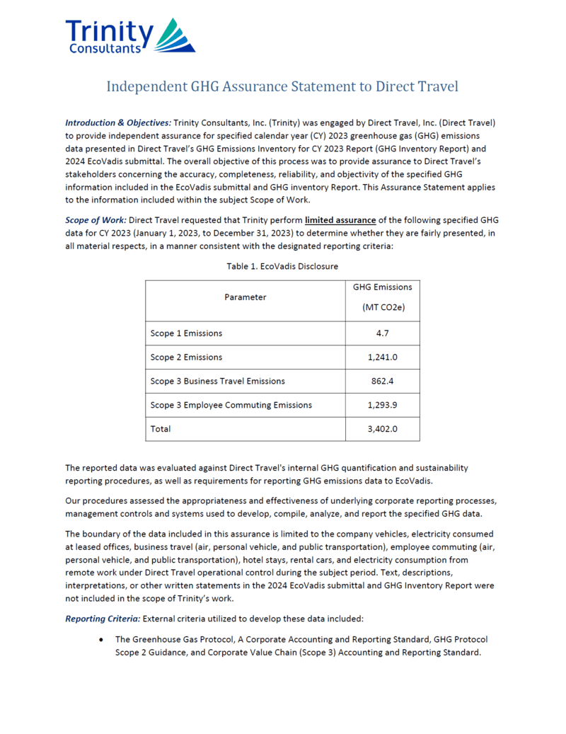 Independent GHG Assurance Statement to Direct Travel